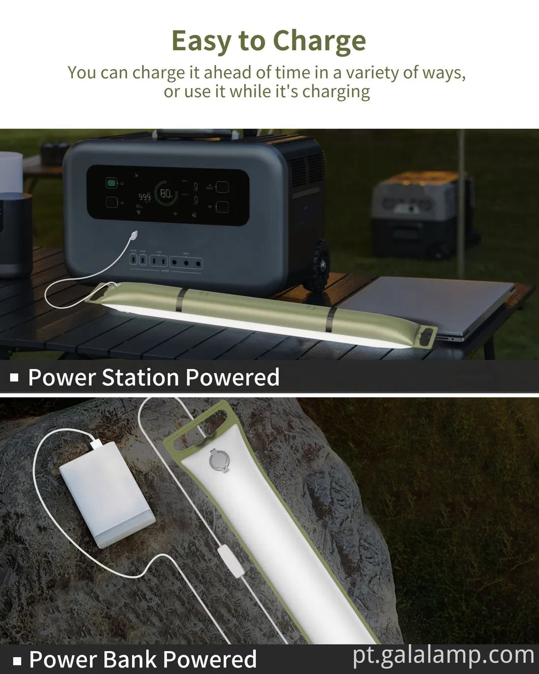 Lâmpadas de tubo de energia solar inflável portátil para viagens de acampamento